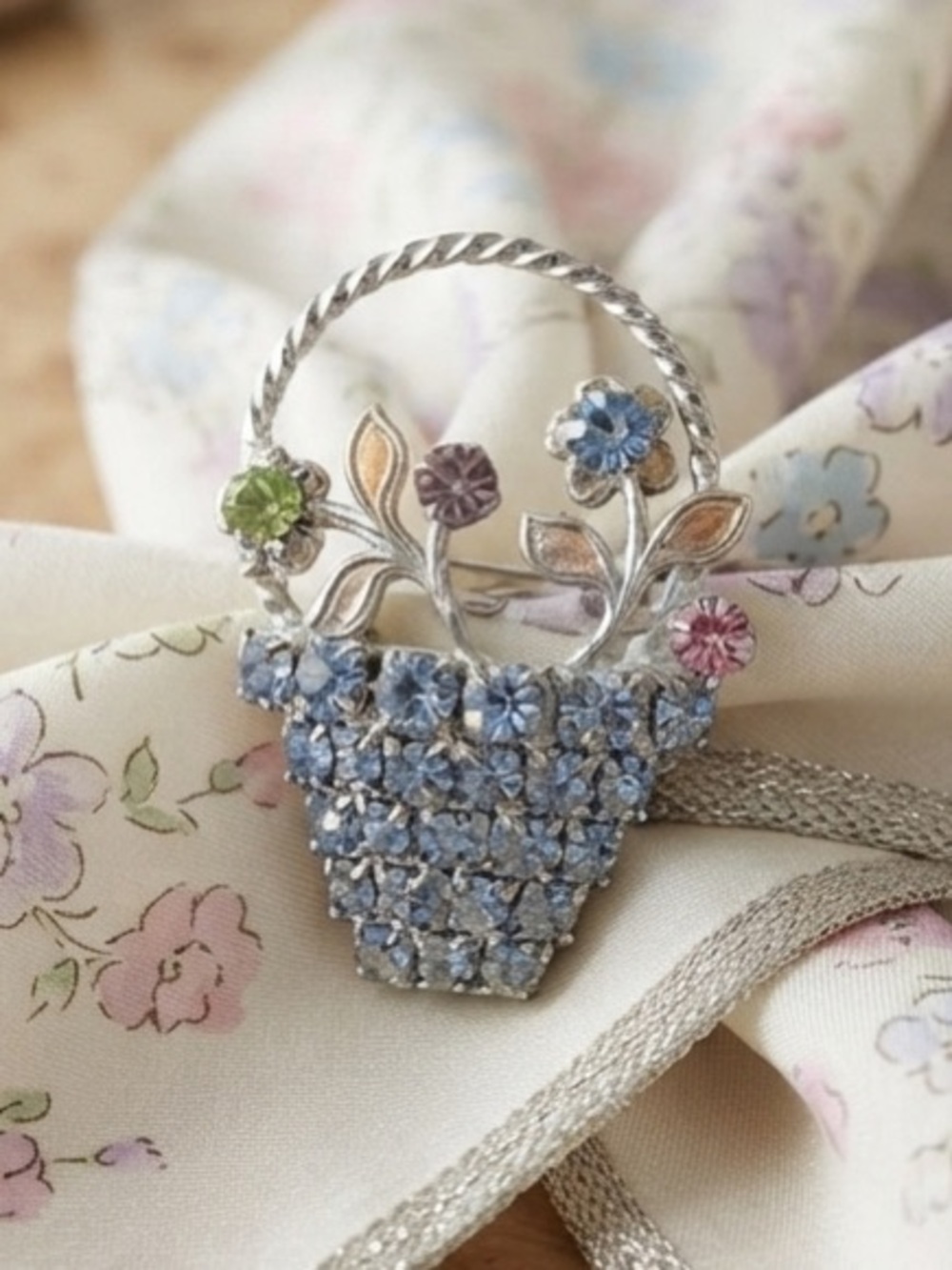 Vintage Rhinestone Flower Basket Brooch Silver Tone Mid Century Pin